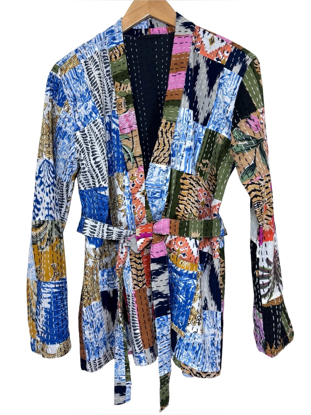Handmade Kantha Patchwork Tie Waist Jacket‎ Size Medium (Estimated)